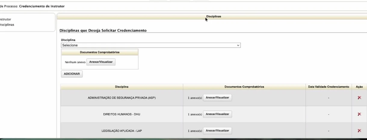 Tela do GESP com a lista de disciplinas do credenciamento de instrutor
